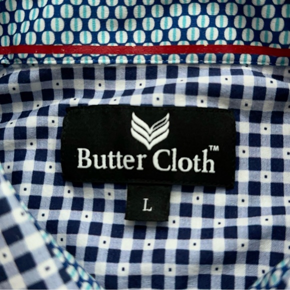 Buttercloth Shirt Mens Size L Long Sleeve Button Stretch Geometric Check Blue - Picture 5 of 6